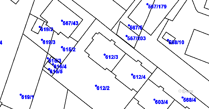 Parcela st. 612/3 v KÚ Vyškov, Katastrální mapa