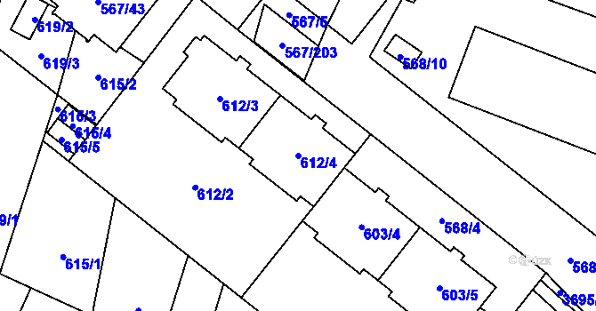 Parcela st. 612/4 v KÚ Vyškov, Katastrální mapa