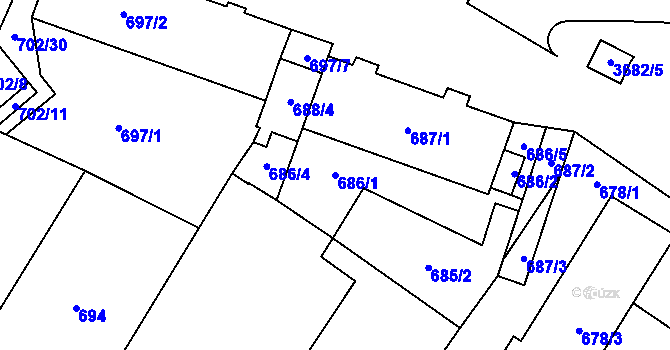 Parcela st. 686/1 v KÚ Vyškov, Katastrální mapa