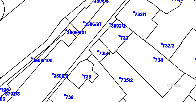 Parcela st. 735/1 v KÚ Vyškov, Katastrální mapa