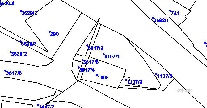 Parcela st. 1107/1 v KÚ Vyškov, Katastrální mapa
