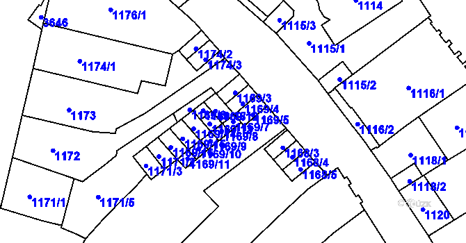 Parcela st. 1169/7 v KÚ Vyškov, Katastrální mapa
