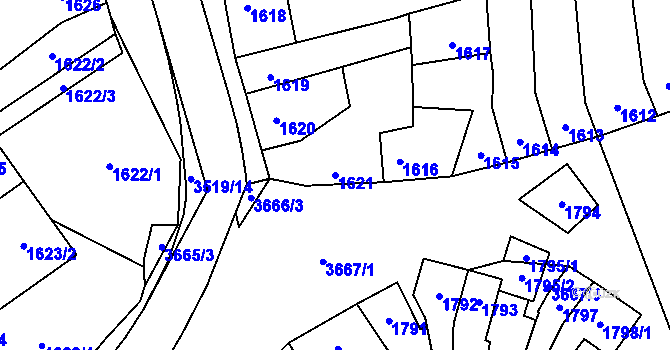 Parcela st. 1621 v KÚ Vyškov, Katastrální mapa