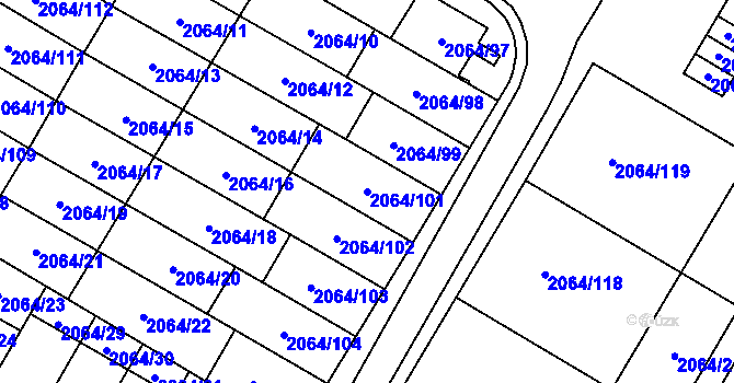 Parcela st. 2064/101 v KÚ Vyškov, Katastrální mapa