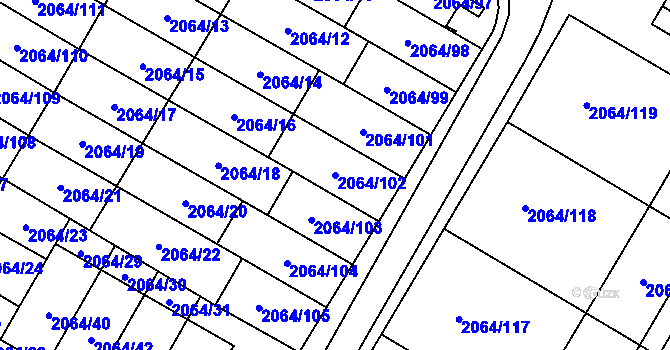 Parcela st. 2064/102 v KÚ Vyškov, Katastrální mapa