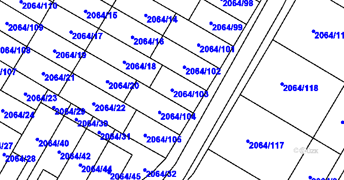 Parcela st. 2064/103 v KÚ Vyškov, Katastrální mapa