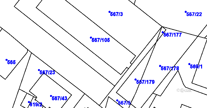 Parcela st. 567/107 v KÚ Vyškov, Katastrální mapa