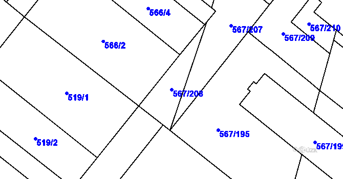 Parcela st. 567/208 v KÚ Vyškov, Katastrální mapa
