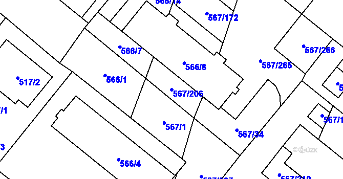 Parcela st. 567/206 v KÚ Vyškov, Katastrální mapa