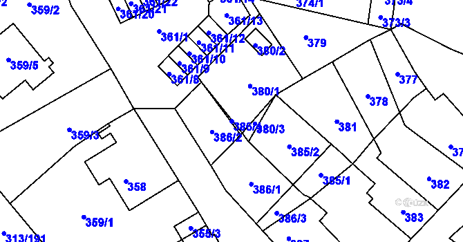 Parcela st. 386/4 v KÚ Vyškov, Katastrální mapa