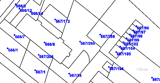 Parcela st. 567/265 v KÚ Vyškov, Katastrální mapa
