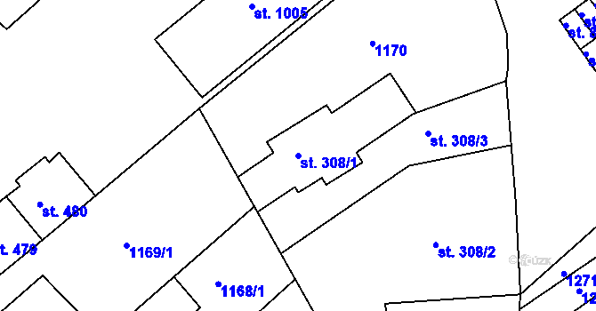 Parcela st. 308/1 v KÚ Dědice u Vyškova, Katastrální mapa
