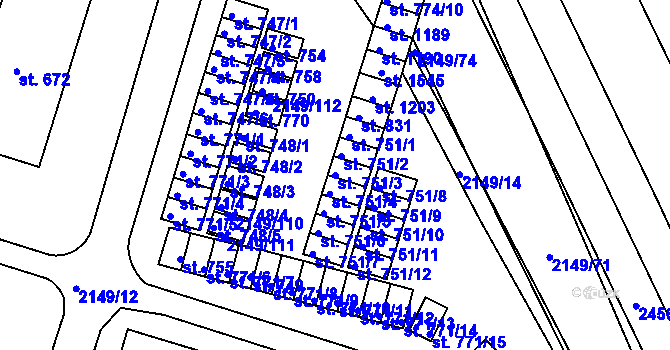 Parcela st. 751/3 v KÚ Dědice u Vyškova, Katastrální mapa