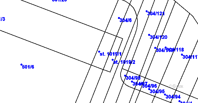 Parcela st. 1019/1 v KÚ Dědice u Vyškova, Katastrální mapa
