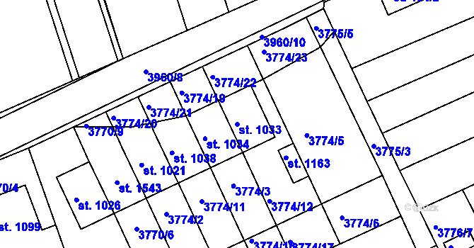 Parcela st. 1033 v KÚ Dědice u Vyškova, Katastrální mapa
