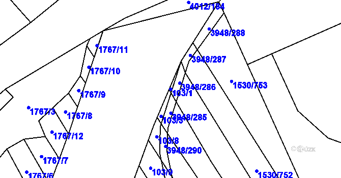 Parcela st. 103/1 v KÚ Dědice u Vyškova, Katastrální mapa