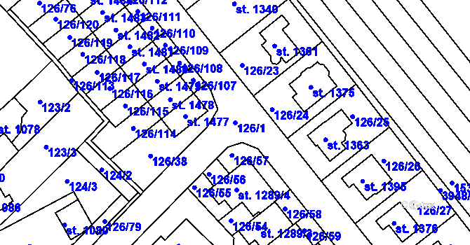 Parcela st. 126/1 v KÚ Dědice u Vyškova, Katastrální mapa