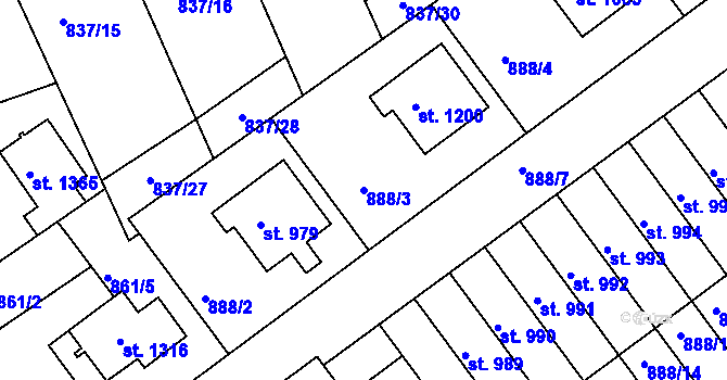 Parcela st. 888/3 v KÚ Dědice u Vyškova, Katastrální mapa