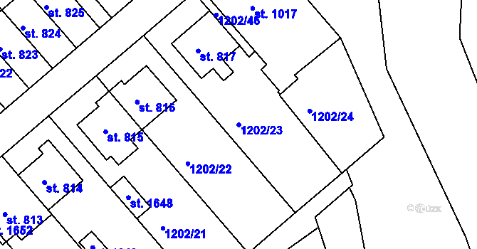 Parcela st. 1202/23 v KÚ Dědice u Vyškova, Katastrální mapa
