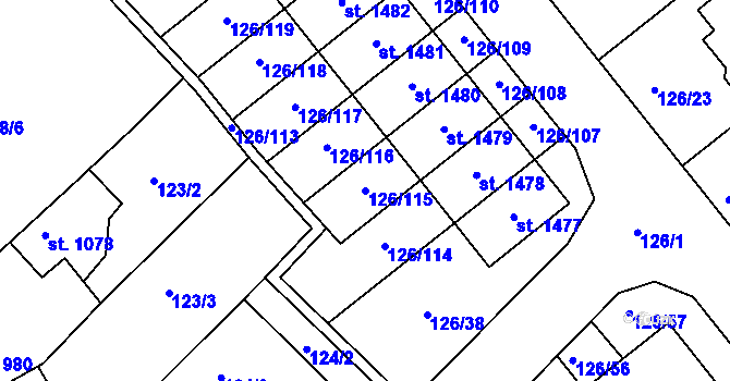 Parcela st. 126/115 v KÚ Dědice u Vyškova, Katastrální mapa