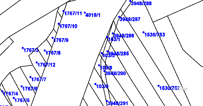 Parcela st. 103/3 v KÚ Dědice u Vyškova, Katastrální mapa