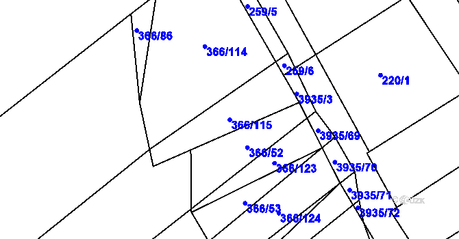 Parcela st. 366/115 v KÚ Dědice u Vyškova, Katastrální mapa