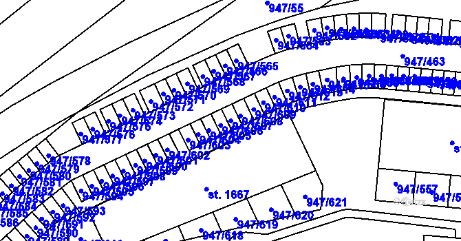 Parcela st. 947/607 v KÚ Dědice u Vyškova, Katastrální mapa