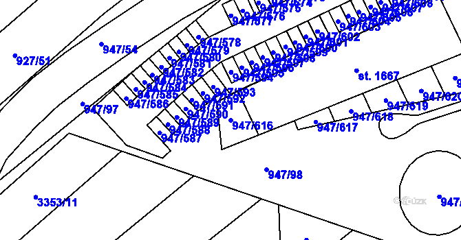 Parcela st. 947/616 v KÚ Dědice u Vyškova, Katastrální mapa