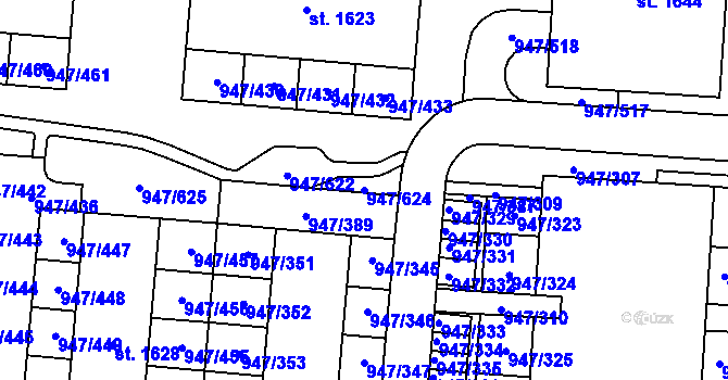 Parcela st. 947/624 v KÚ Dědice u Vyškova, Katastrální mapa