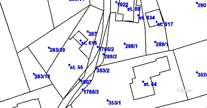 Parcela st. 288/2 v KÚ Vyšní Lhoty, Katastrální mapa