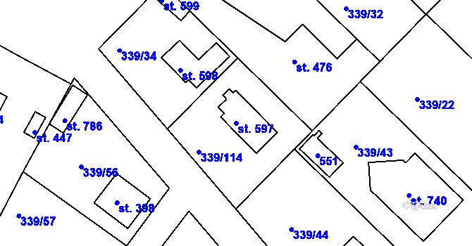 Parcela st. 597 v KÚ Vyžlovka, Katastrální mapa