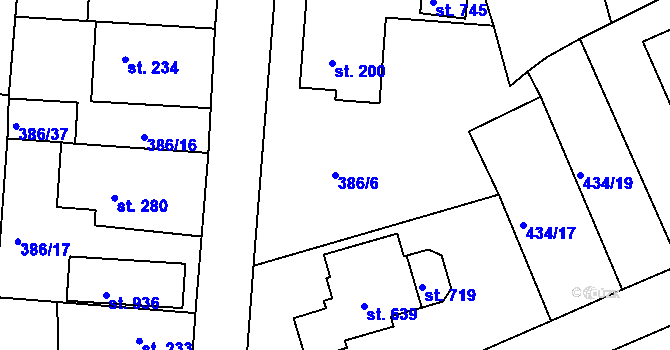 Parcela st. 386/6 v KÚ Vyžlovka, Katastrální mapa