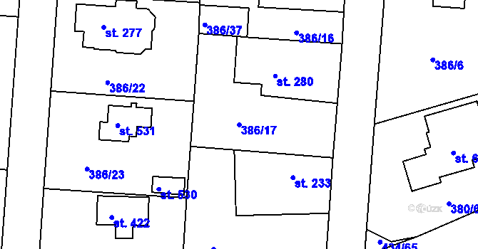 Parcela st. 386/17 v KÚ Vyžlovka, Katastrální mapa