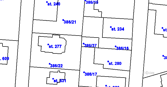 Parcela st. 386/37 v KÚ Vyžlovka, Katastrální mapa