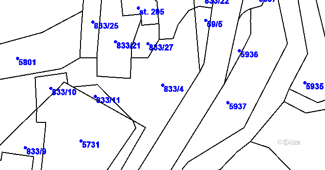 Parcela st. 833/4 v KÚ Zadní Chodov, Katastrální mapa