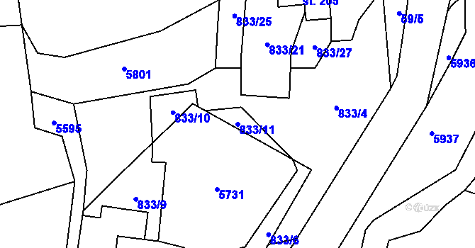 Parcela st. 833/11 v KÚ Zadní Chodov, Katastrální mapa