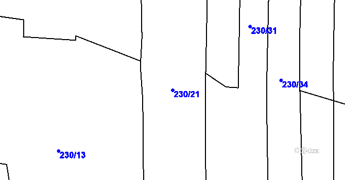 Parcela st. 230/21 v KÚ Zadní Zhořec, Katastrální mapa