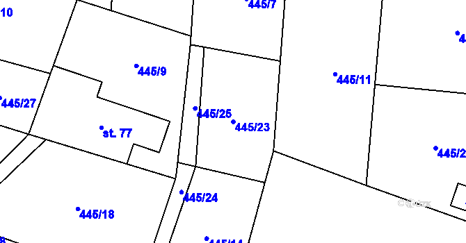 Parcela st. 445/23 v KÚ Zádub, Katastrální mapa