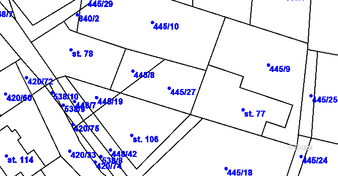 Parcela st. 445/27 v KÚ Zádub, Katastrální mapa