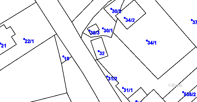 Parcela st. 32 v KÚ Raková, Katastrální mapa