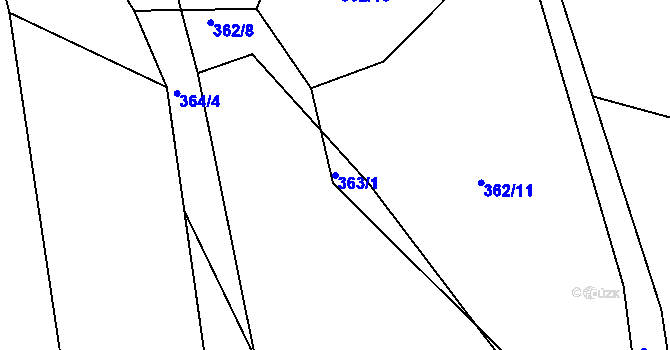 Parcela st. 363/1 v KÚ Raková, Katastrální mapa