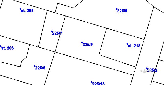 Parcela st. 225/9 v KÚ Záhornice u Městce Králové, Katastrální mapa