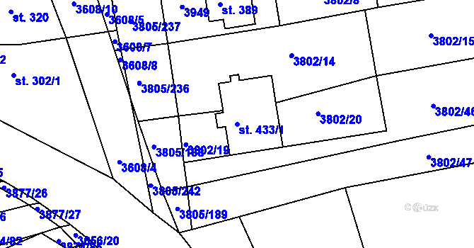 Parcela st. 433/1 v KÚ Záhorovice, Katastrální mapa