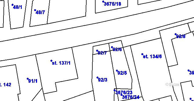 Parcela st. 92/7 v KÚ Záhorovice, Katastrální mapa