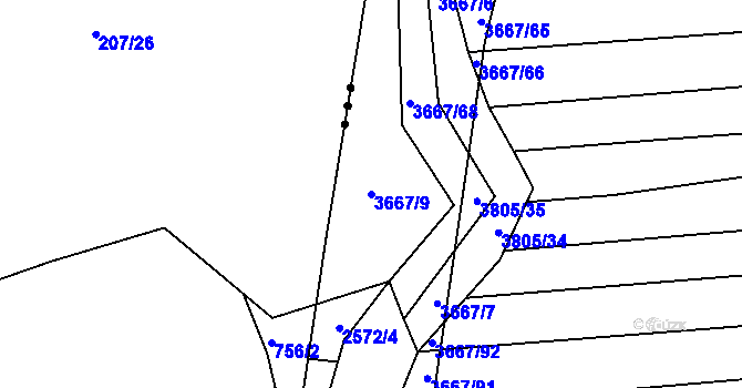 Parcela st. 3667/9 v KÚ Záhorovice, Katastrální mapa