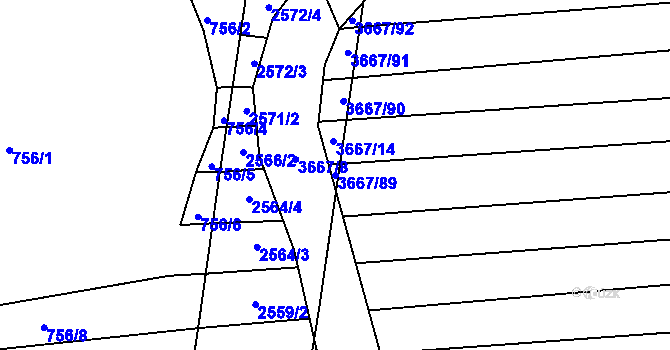 Parcela st. 3667/89 v KÚ Záhorovice, Katastrální mapa