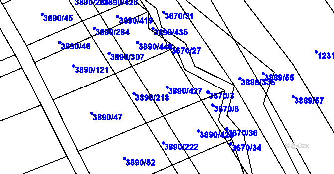Parcela st. 3890/427 v KÚ Záhorovice, Katastrální mapa