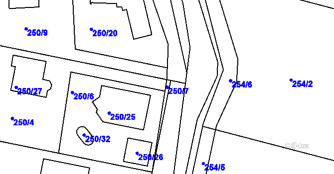 Parcela st. 250/7 v KÚ Zahořany u Berouna, Katastrální mapa