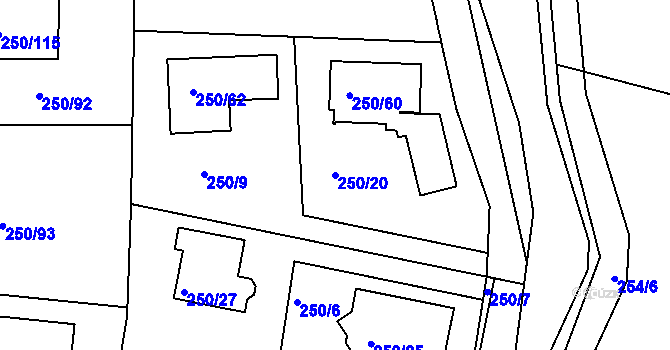 Parcela st. 250/20 v KÚ Zahořany u Berouna, Katastrální mapa