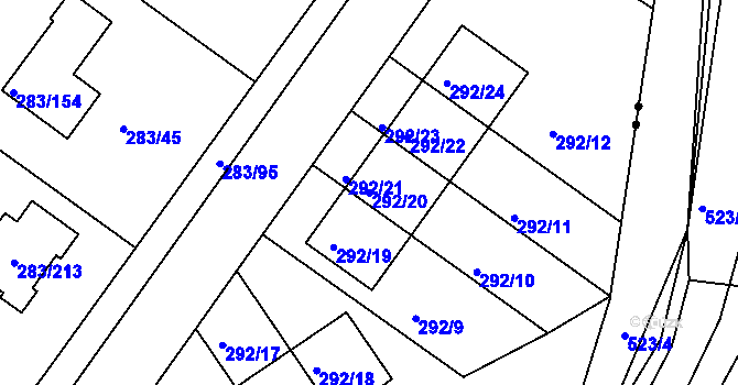 Parcela st. 292/20 v KÚ Zahořany u Berouna, Katastrální mapa